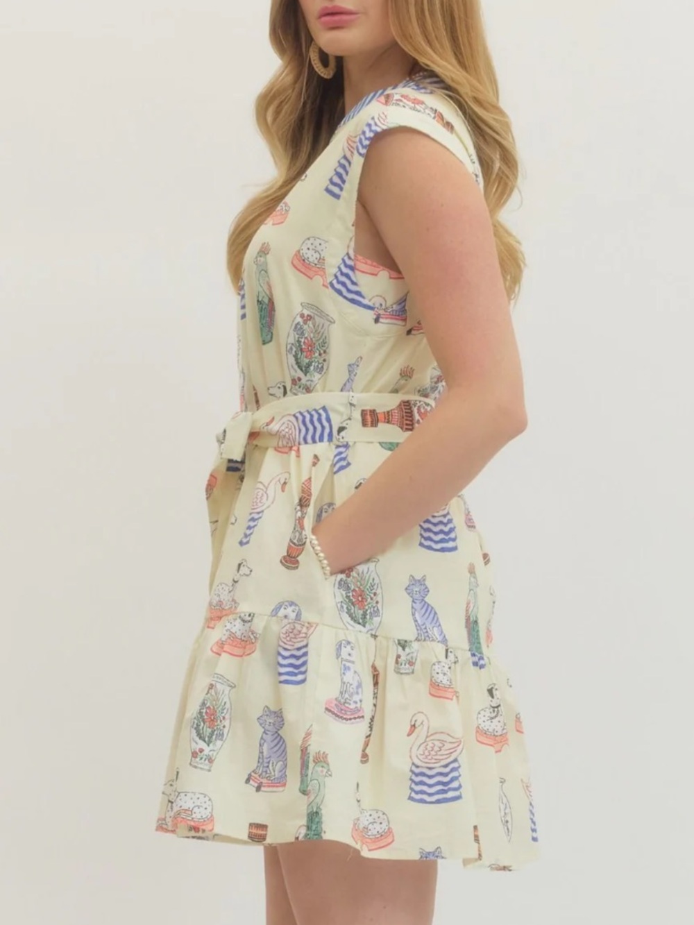 New Cream Whimsical Printed Bow Mini Dress with Swan Dogs Cats & Vase Motif